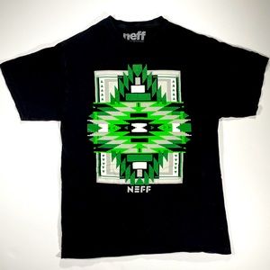 Neff Black With Green Gray  White Aztec Style Print 100% Cotton T-Shirt Size M